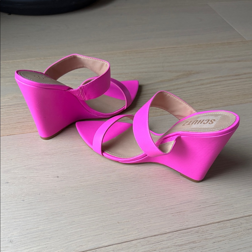 SCHUTZ Neon Pink Pointed-Toe Wedge Slide Sandals - Picture 5 of 5